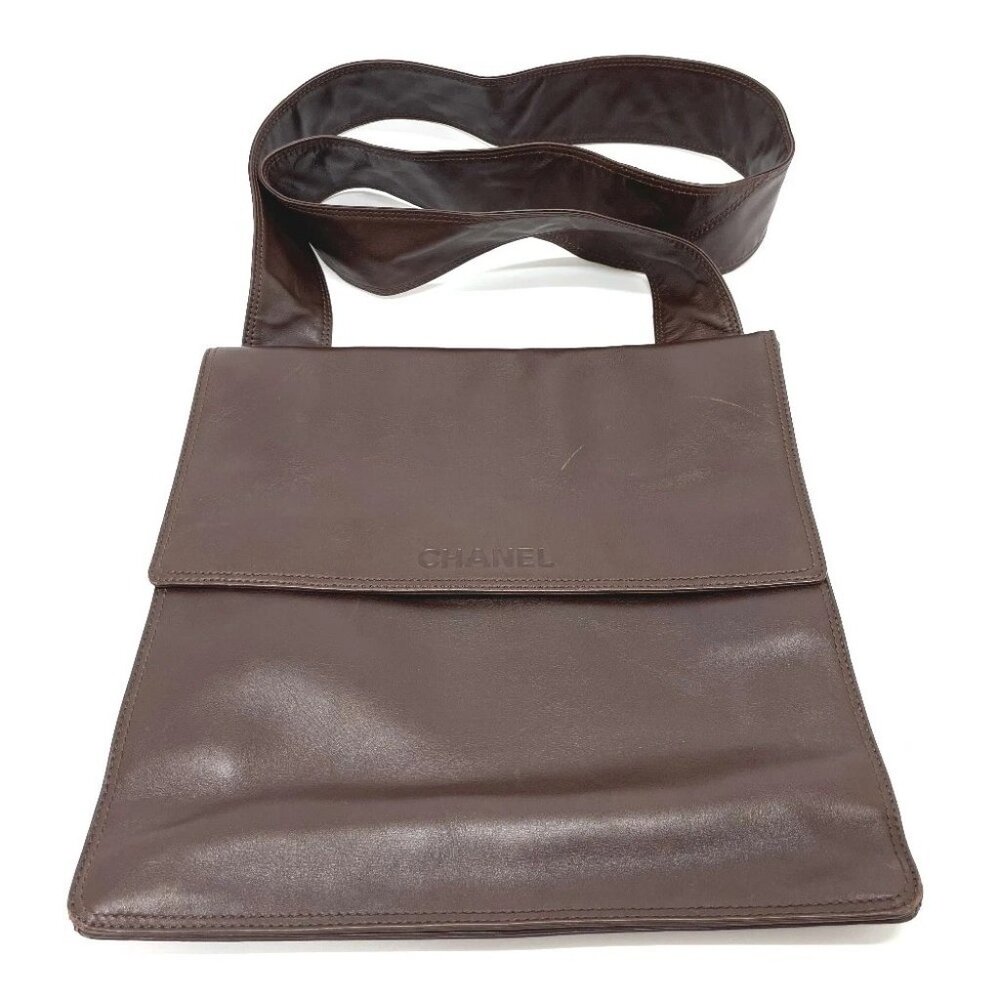 CHANEL Logo Sacosh Shoulder Bag Lambskin Leather Brown
